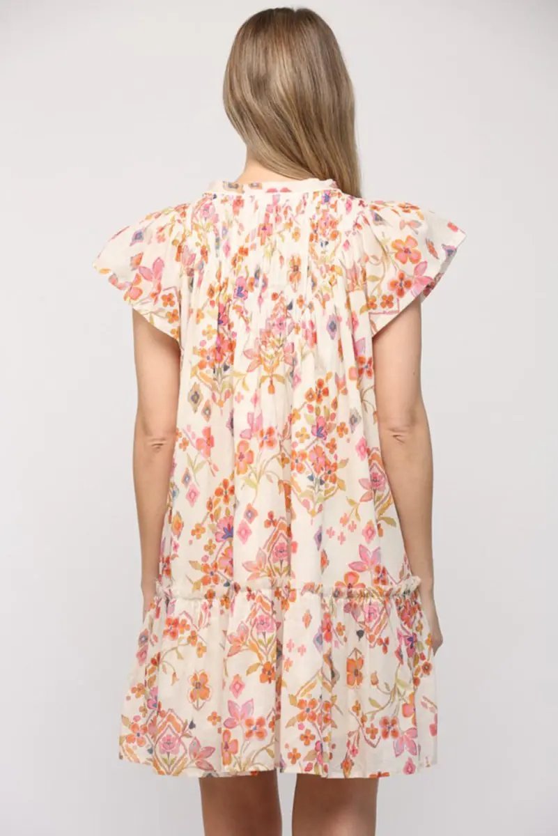 Apricot Floral Geometric Print Ruffled Trim Flutter Sleeve Dress - Love Salve